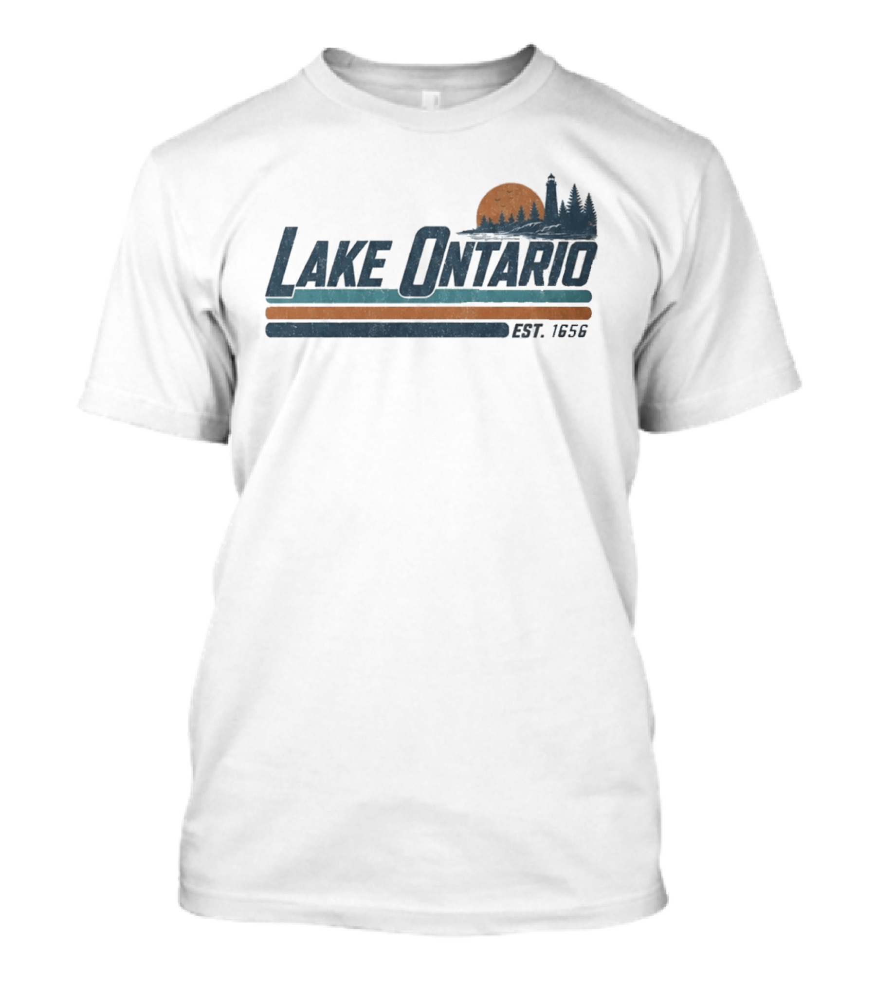 Lake Ontario Established 1956 Vintage Stripe Sunset With Lighthouse And Trees T-Shirt