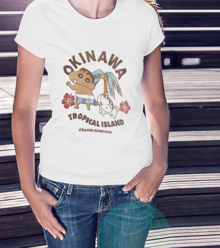 Okinawa Tropical Island Crayon Shinchan Hibiscus Palms Adventure T-Shirt