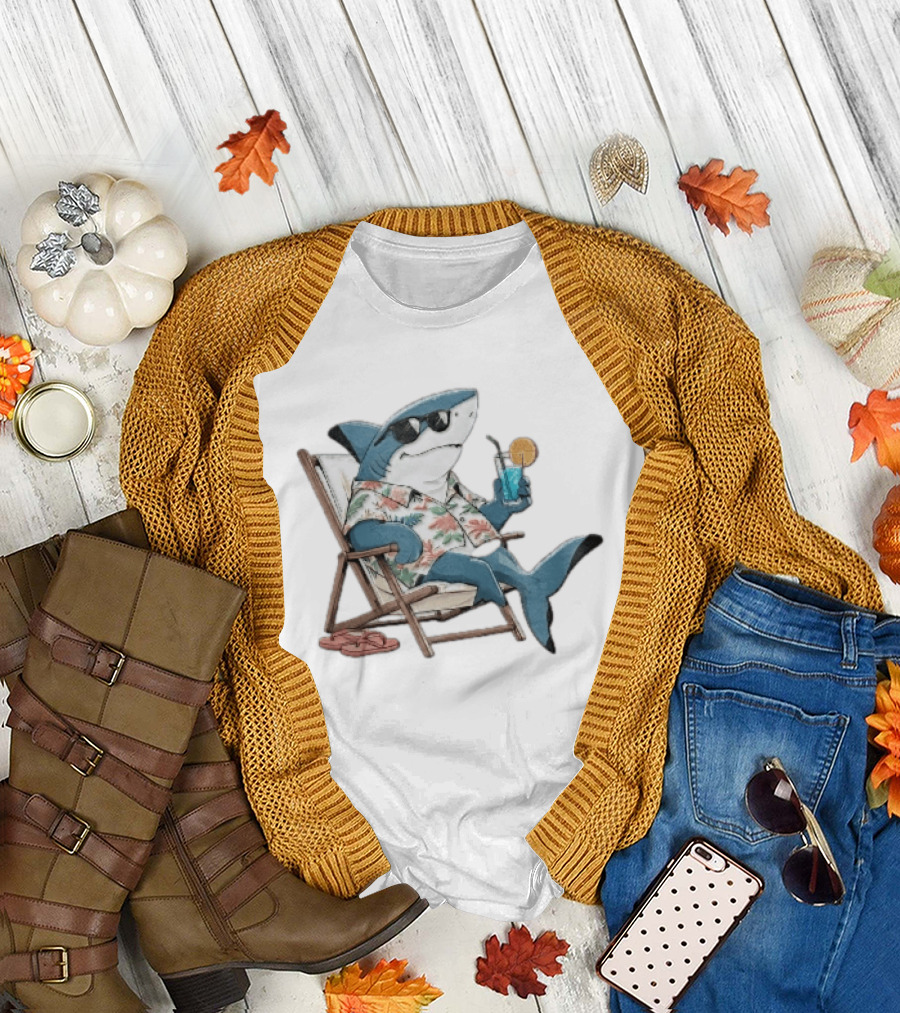 Shark Relaxing In Lounge Chair With Tropical Drink Hawaiian T-Shirt
