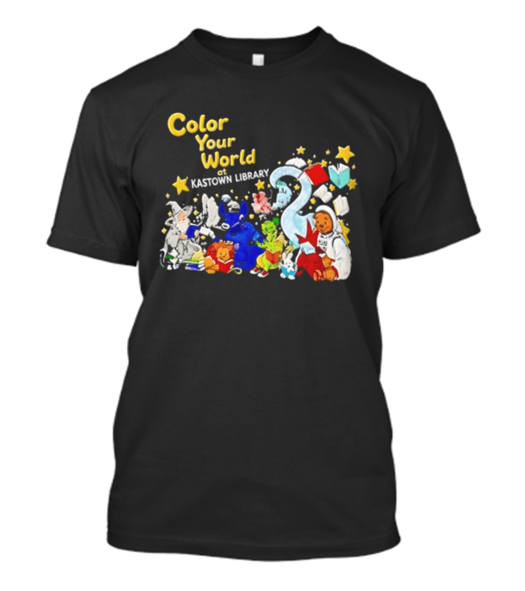 Color Your World At Kastown Library With Reading Books And Vibrant Characters T-Shirt