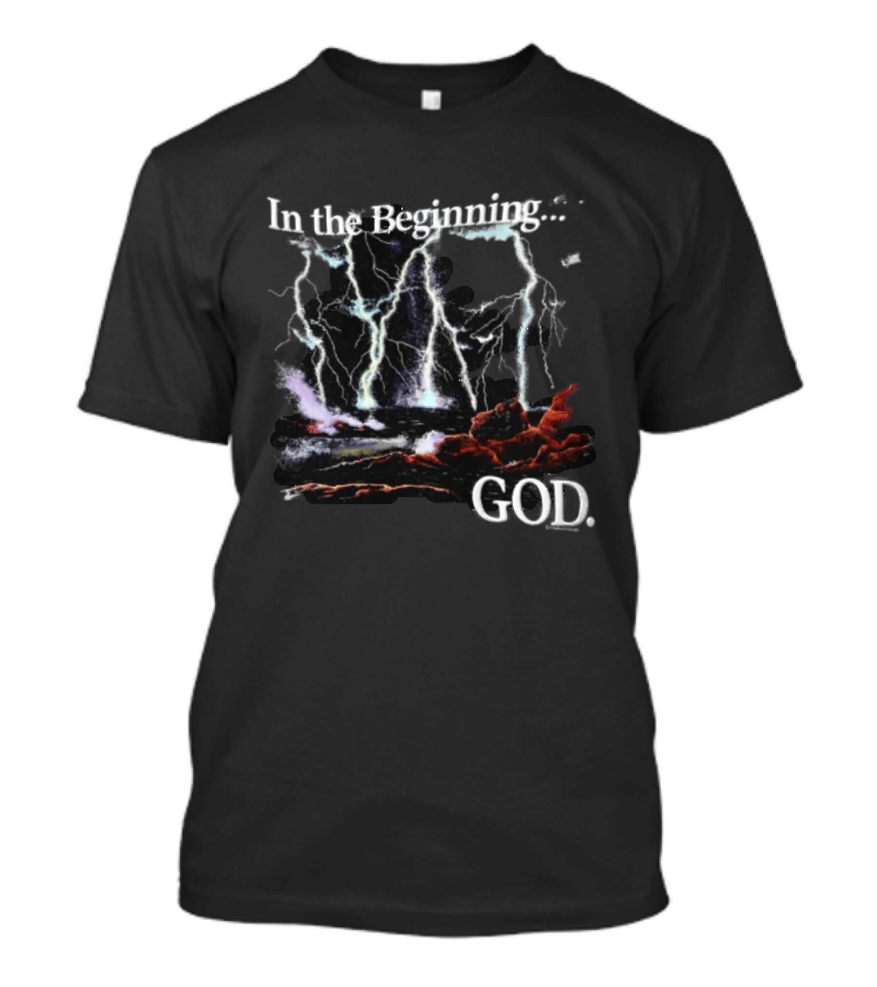 In The Beginning God Lightning Bolts Crashing Waves Rocky Shore T-Shirt