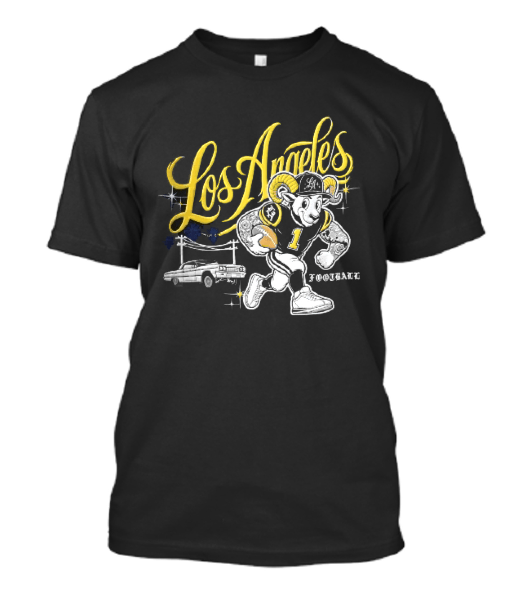 Los Angeles Rams Cartoon Ram Running Lowrider Car Football T-Shirt