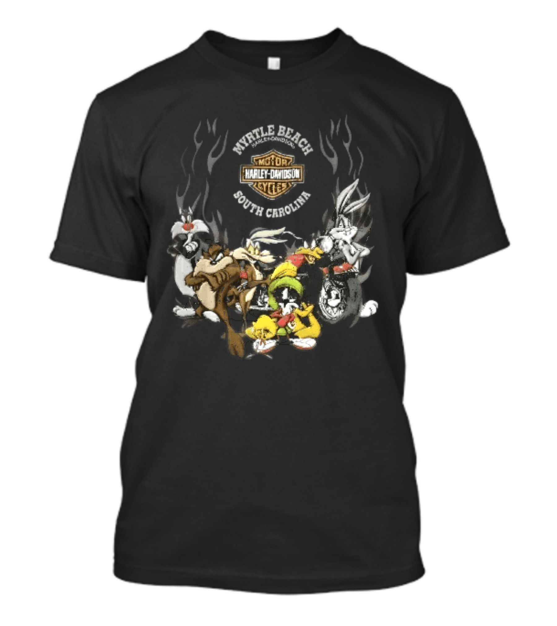 Myrtle Beach Harley Davidson Motor Cycles South Carolina Looney Tunes Bugs Bunny Daffy Duck Taz Sylvester Wile E Coyote T-Shirt
