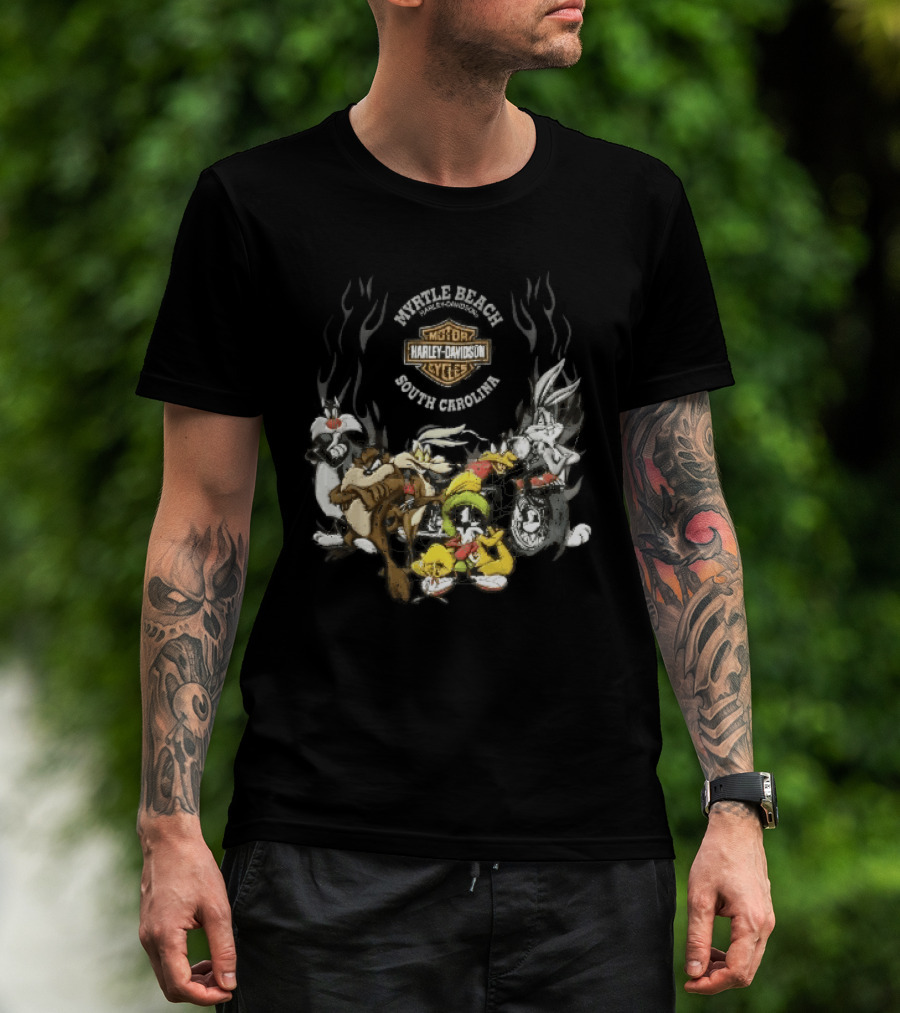 Myrtle Beach Harley Davidson Motor Cycles South Carolina Looney Tunes Bugs Bunny Daffy Duck Taz Sylvester Wile E Coyote T-Shirt