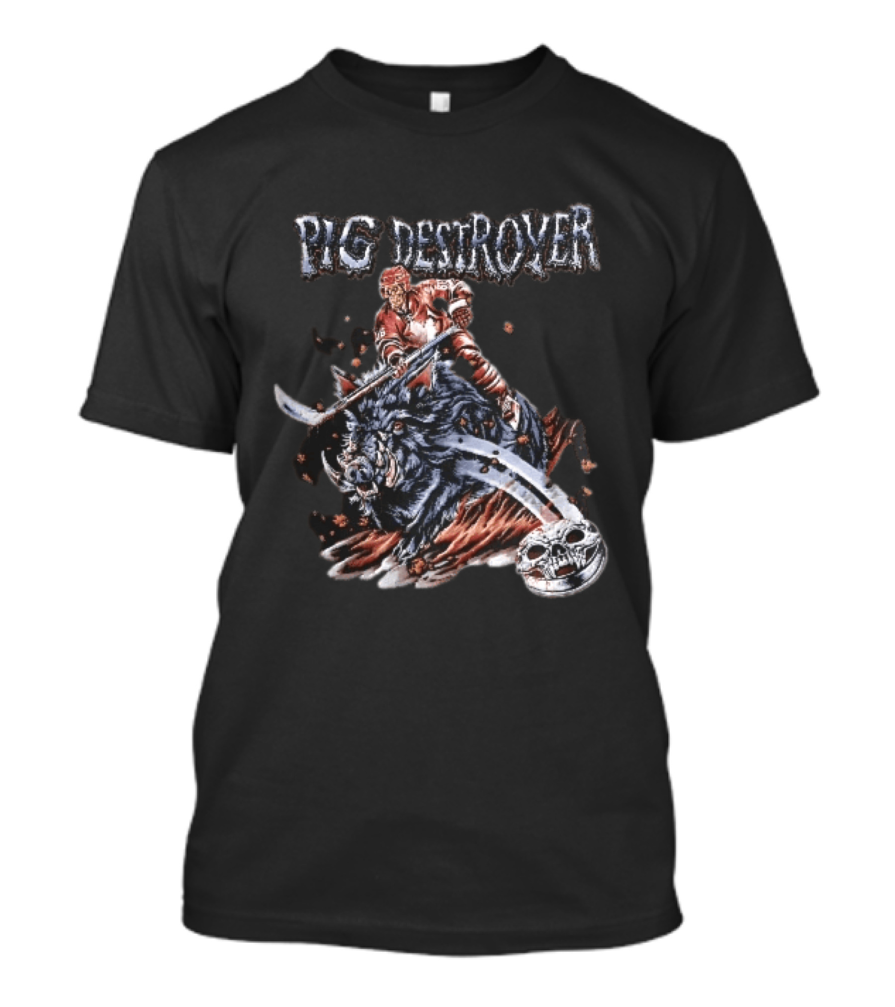 Pig Destroyer Skeleton Hockey Player Riding Wild Boar Skull Puck T-Shirt