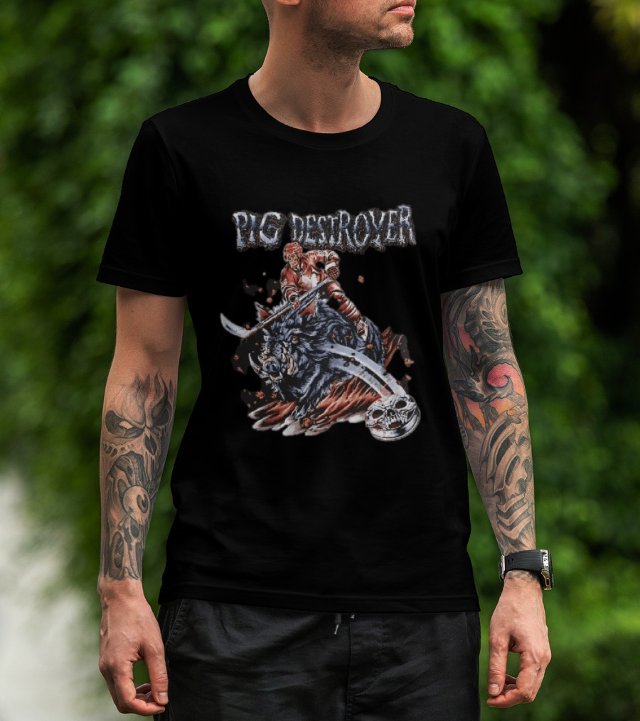 Pig Destroyer Skeleton Hockey Player Riding Wild Boar Skull Puck T-Shirt