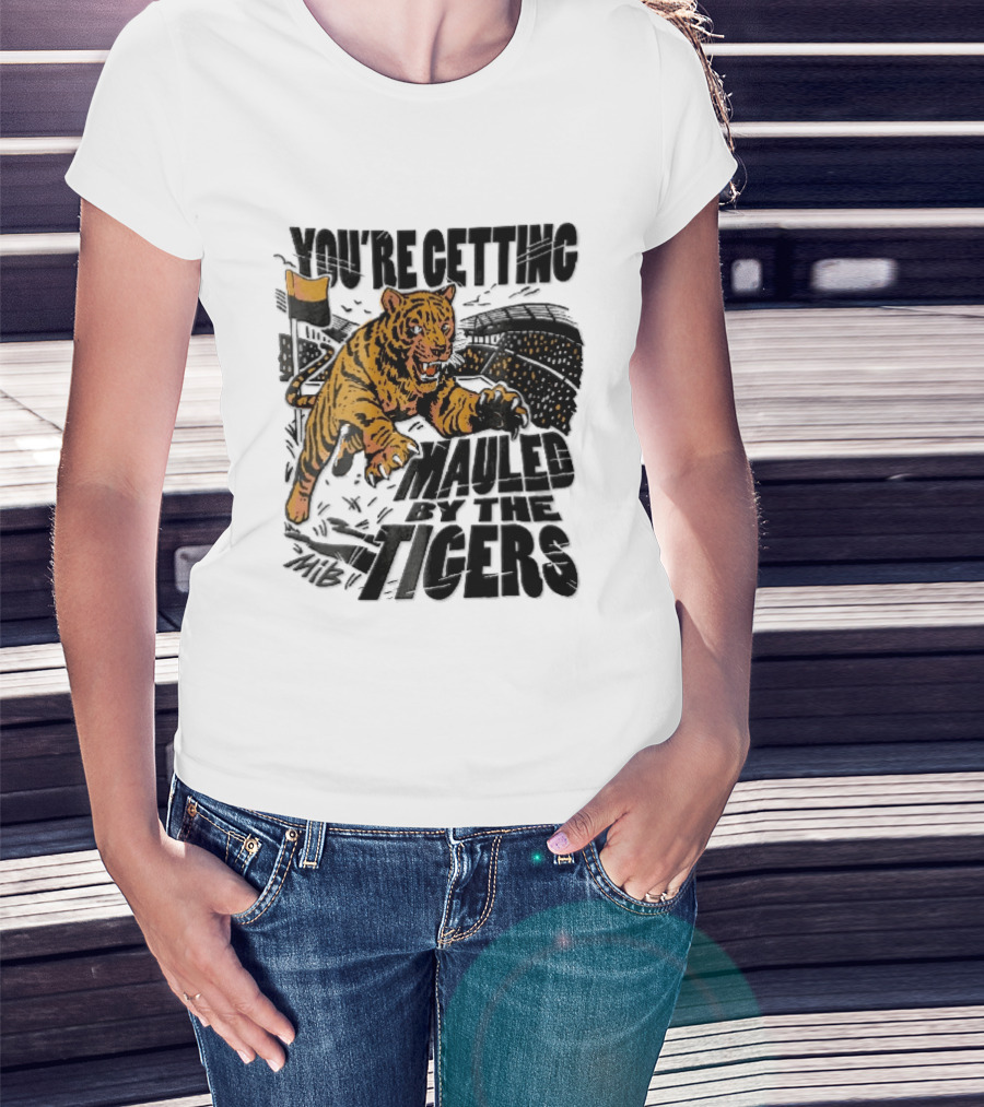 You're Getting Mauled By The Tigers Leaping Aggressive Stadium Crowd Corner Flag Woodcut T-Shirt