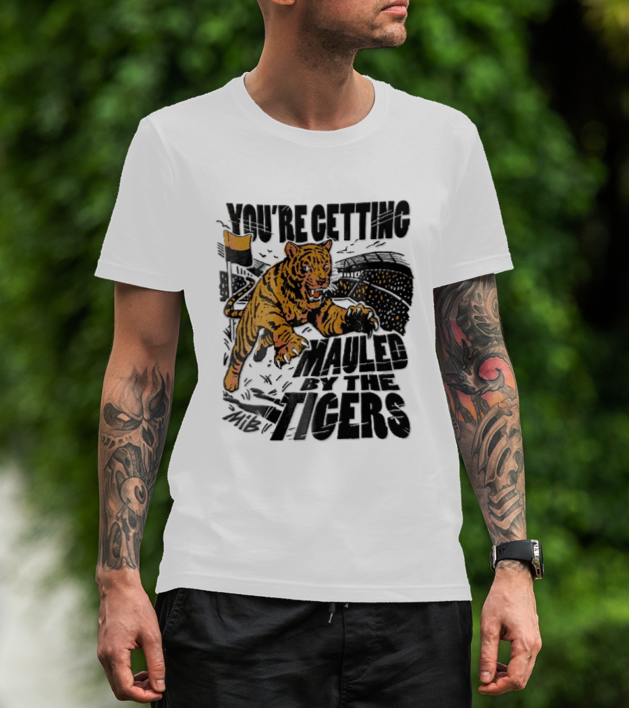 You're Getting Mauled By The Tigers Leaping Aggressive Stadium Crowd Corner Flag Woodcut T-Shirt