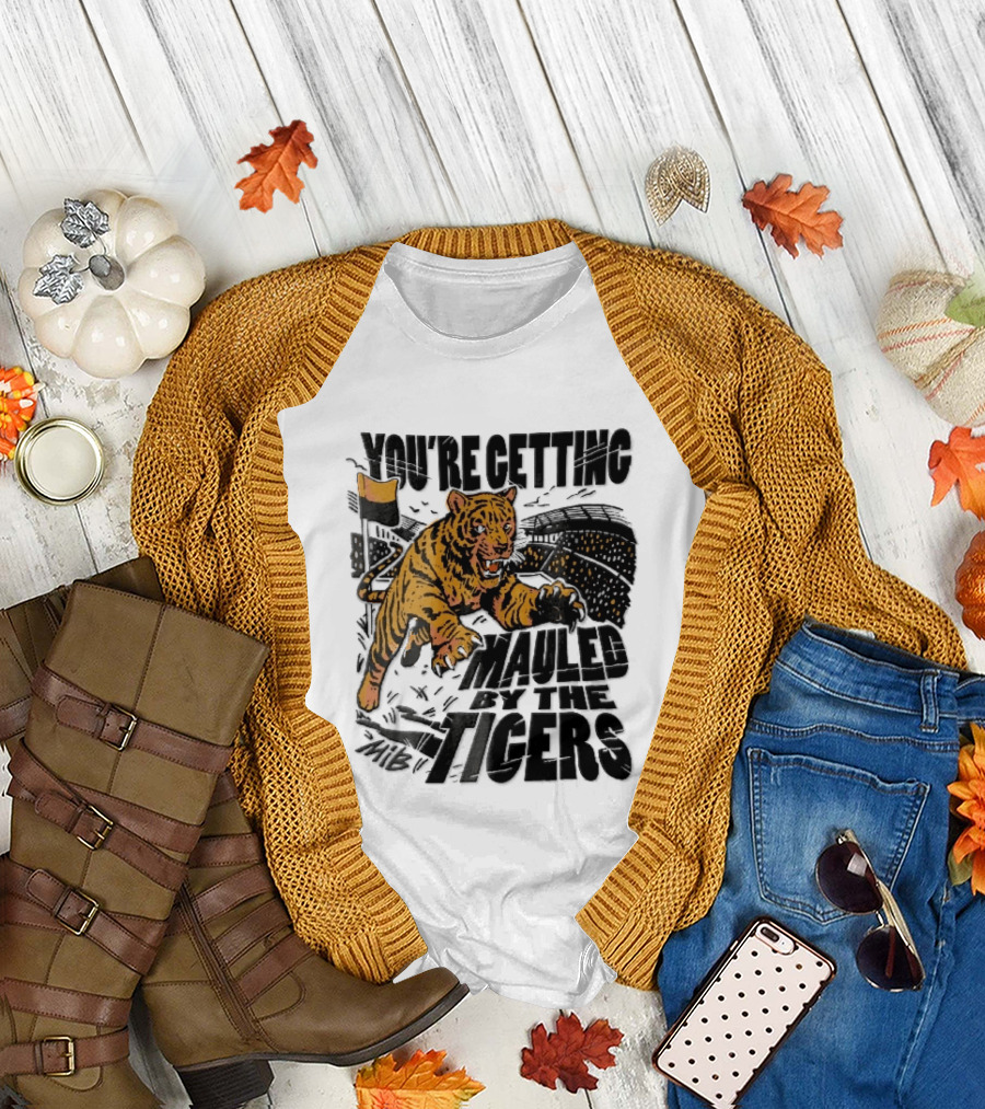 You're Getting Mauled By The Tigers Leaping Aggressive Stadium Crowd Corner Flag Woodcut T-Shirt