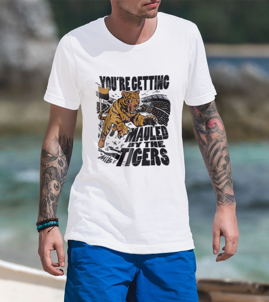 You're Getting Mauled By The Tigers Leaping Aggressive Stadium Crowd Corner Flag Woodcut T-Shirt