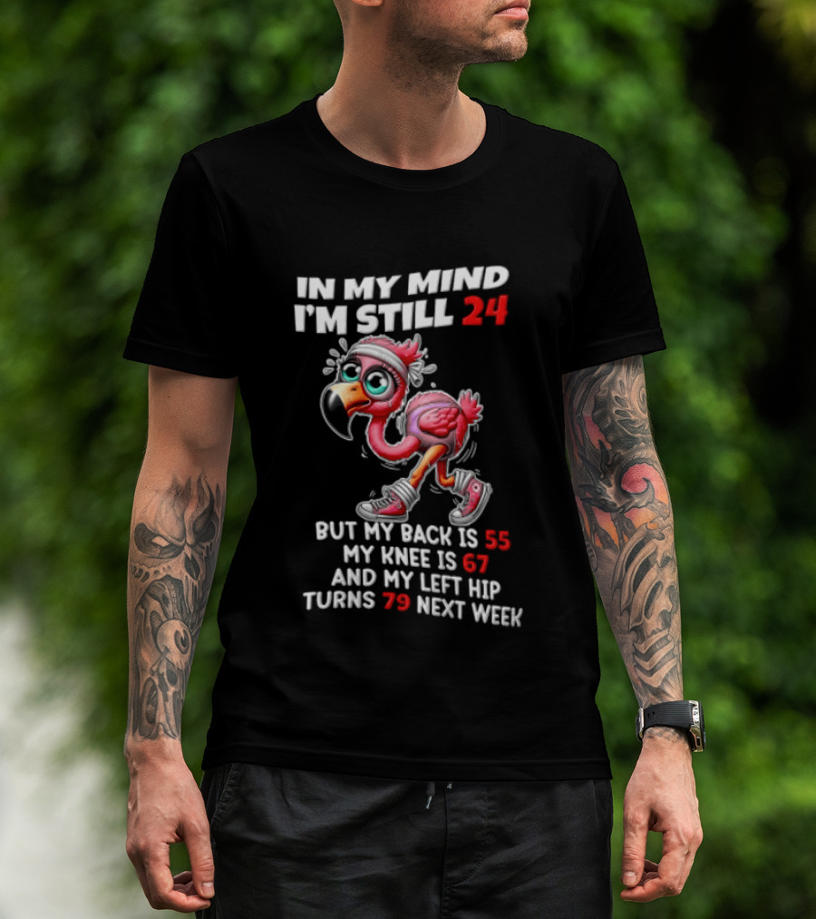In My Mind I'm Still 24 Flamingo Back Is 55 Knee Is 67 Left Hip 79 Next Week T-Shirt