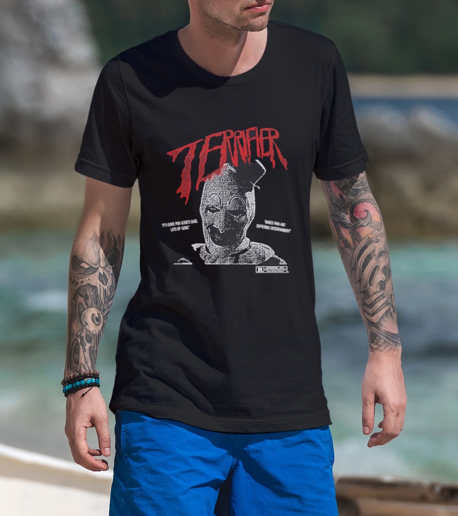 Terrifier Official Art Clown Grim Imagery Horror Cult Video Nsfw Warning T-Shirt