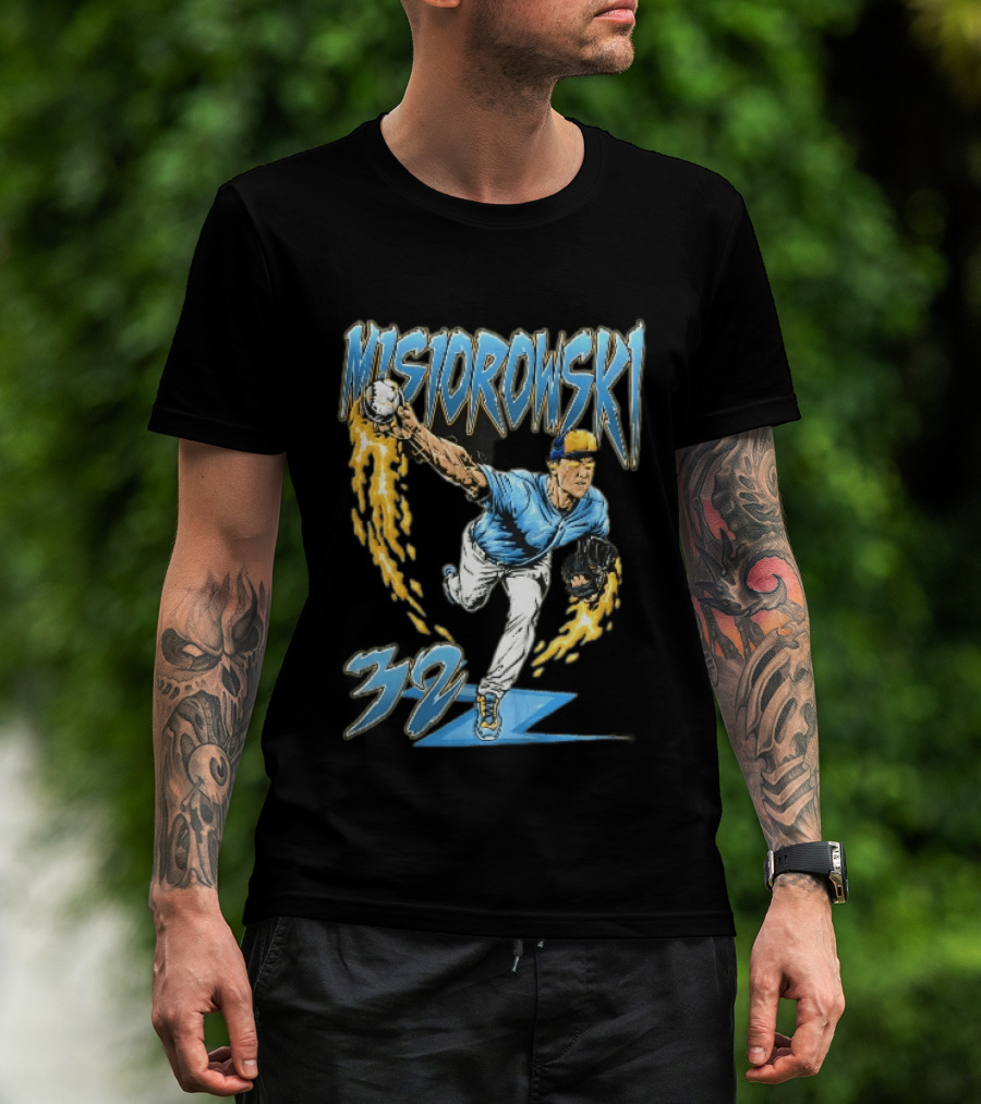 Misiorowski 32 Baseball Pitcher Throwing Flaming Ball In Action T-Shirt