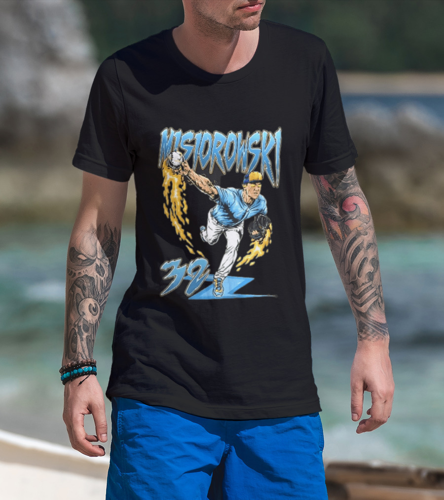Misiorowski 32 Baseball Pitcher Throwing Flaming Ball In Action T-Shirt