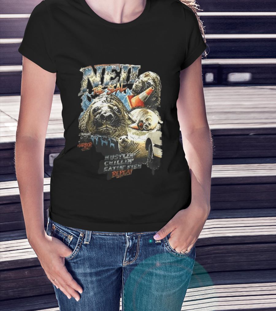 Neil The Seal Hustler Chillin Eating Fish Harbor Animal Warning Cone Repeat T-Shirt