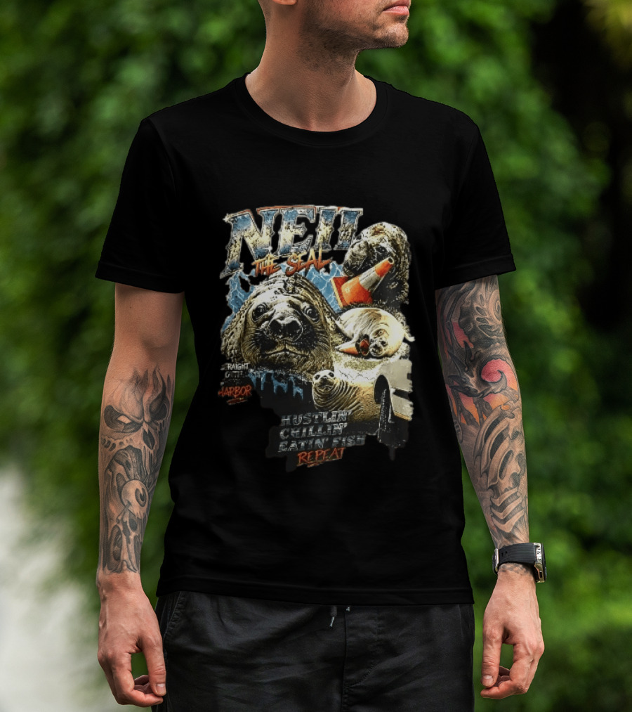 Neil The Seal Hustler Chillin Eating Fish Harbor Animal Warning Cone Repeat T-Shirt