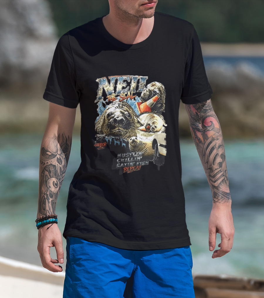 Neil The Seal Hustler Chillin Eating Fish Harbor Animal Warning Cone Repeat T-Shirt