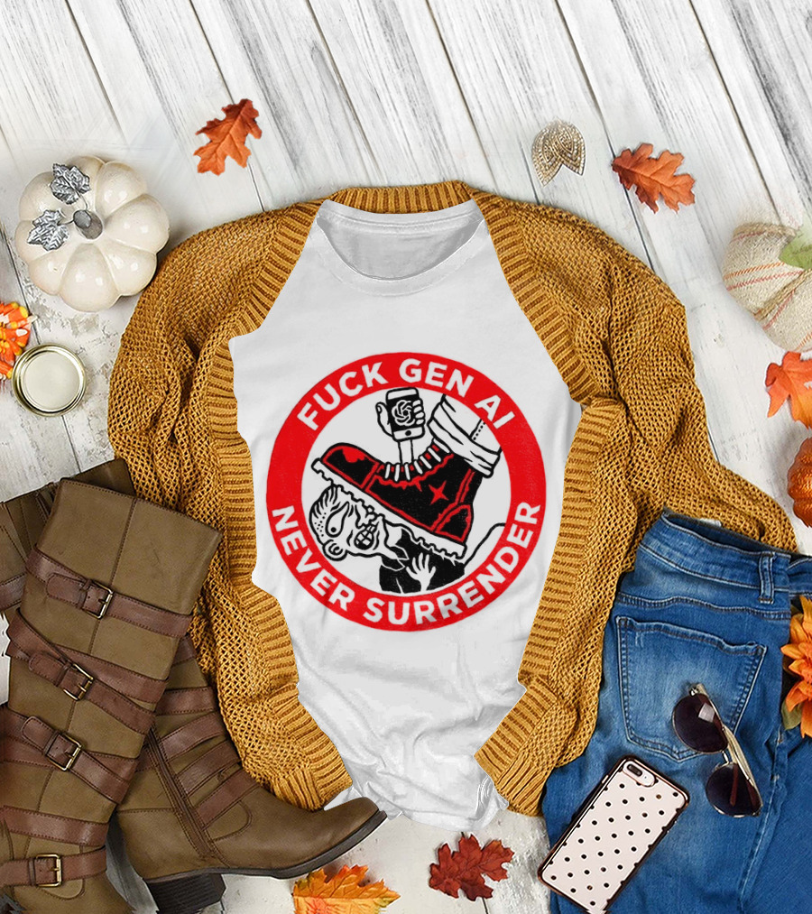 Fuck Gen AI Never Surrender Boot And Fist Circle T-Shirt
