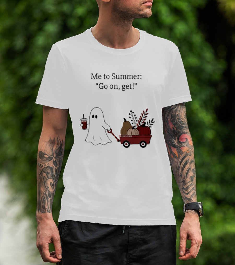 Me To Summer Go On Get Ghost With Pumpkin And Fall Leaves Wagon T-Shirt