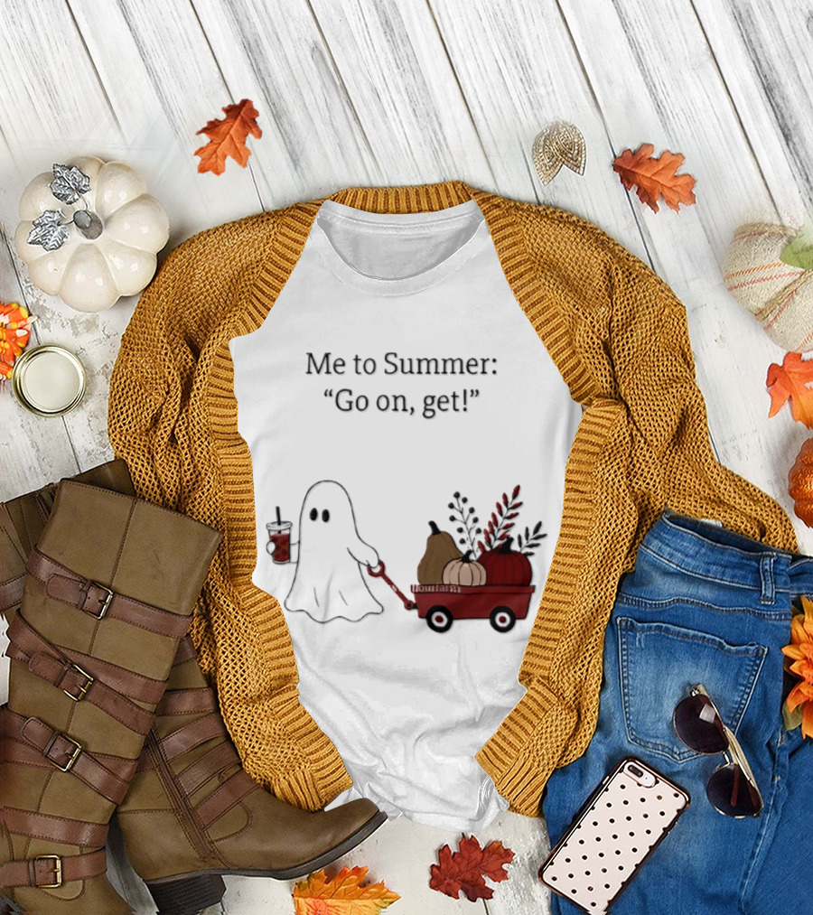 Me To Summer Go On Get Ghost With Pumpkin And Fall Leaves Wagon T-Shirt