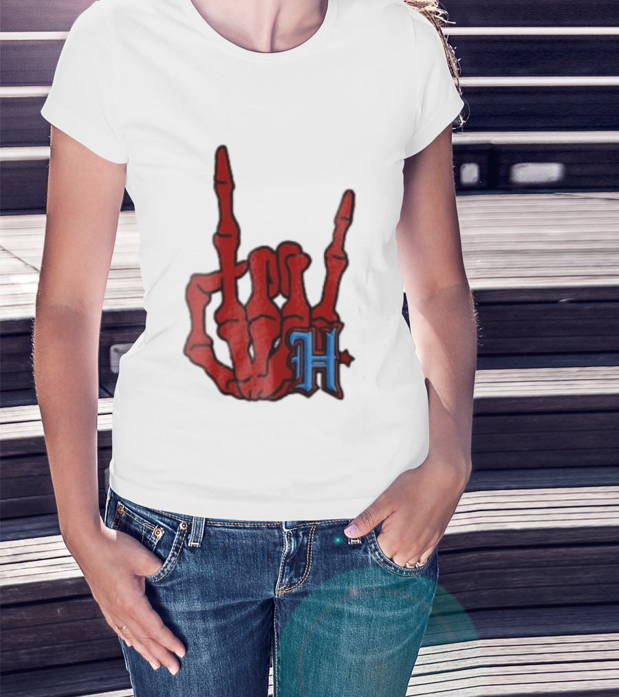 Red Skeleton Hand Sign With Blue H T-Shirt