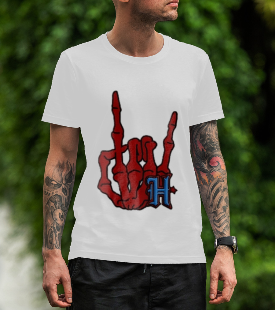 Red Skeleton Hand Sign With Blue H T-Shirt