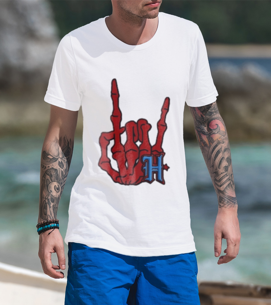 Red Skeleton Hand Sign With Blue H T-Shirt