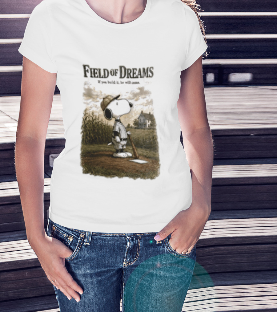 Snoopy Field Of Dreams If You Build It He Will Come Baseball Scene T-Shirt