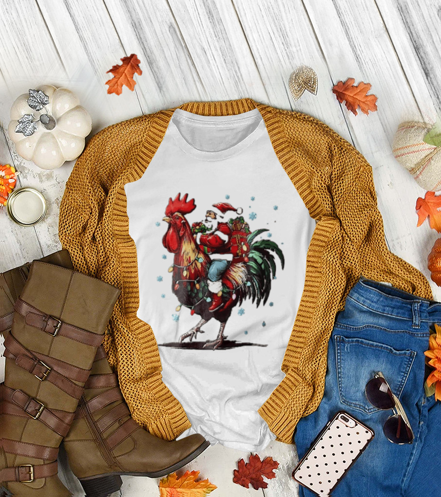 Caricature Santa Riding Rooster With Christmas Presents And Snowflakes T-Shirt
