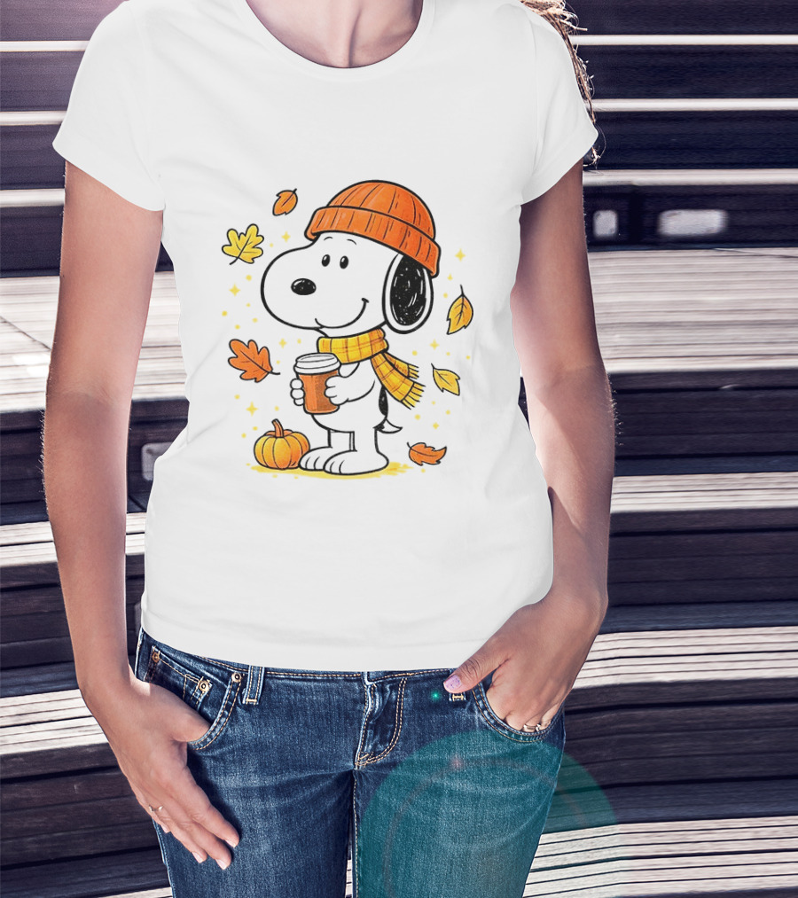 Snoopy Fall Autumn Coffee Pumpkin Leaves Warm Scarf Beanie Hat T-Shirt