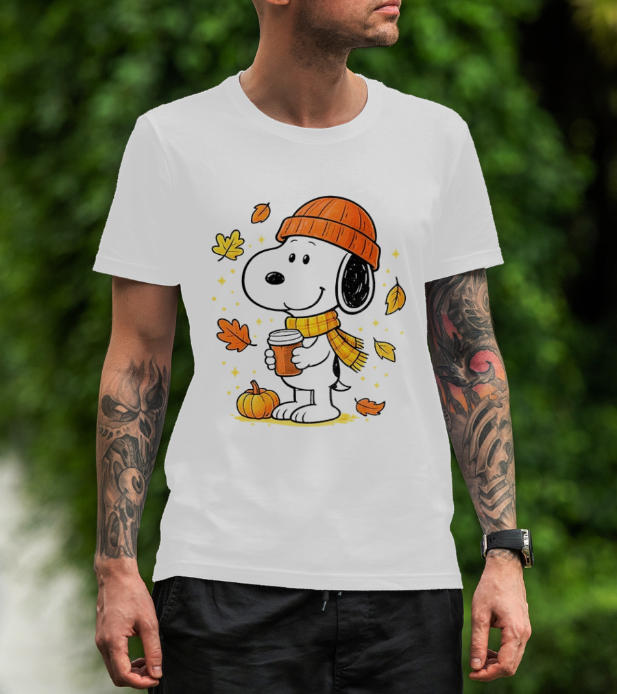 Snoopy Fall Autumn Coffee Pumpkin Leaves Warm Scarf Beanie Hat T-Shirt
