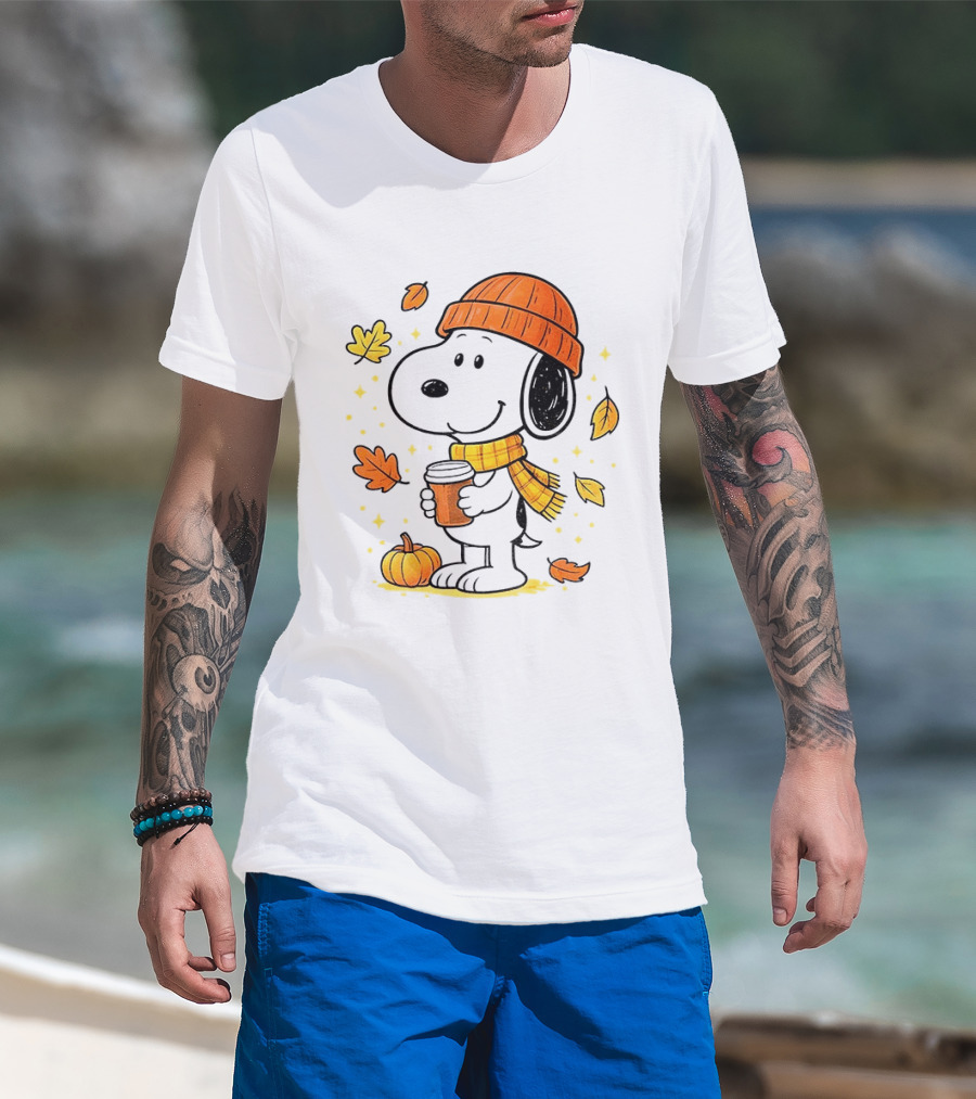 Snoopy Fall Autumn Coffee Pumpkin Leaves Warm Scarf Beanie Hat T-Shirt