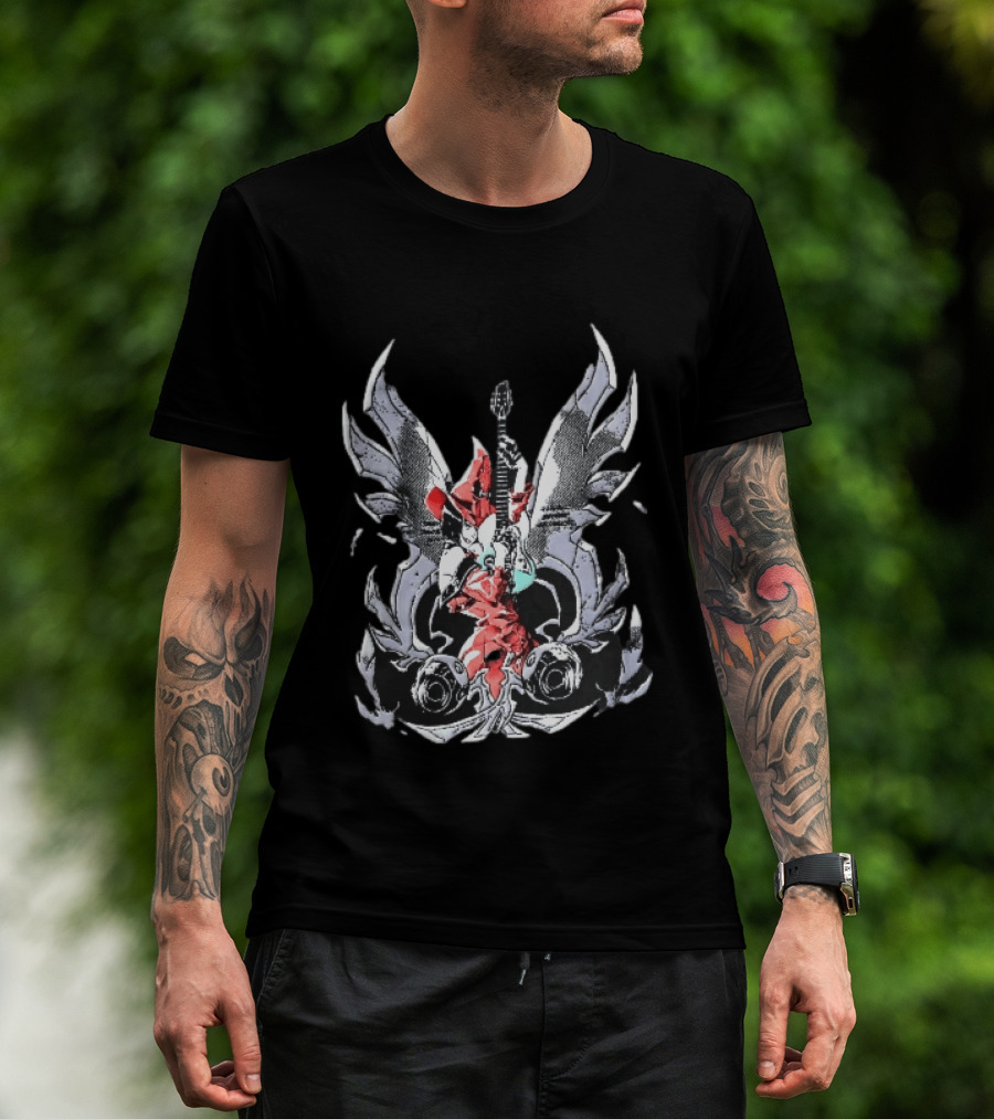 Anime Girl With Wings Holding Guitar Angelic Rock Star Fantasy T-Shirt