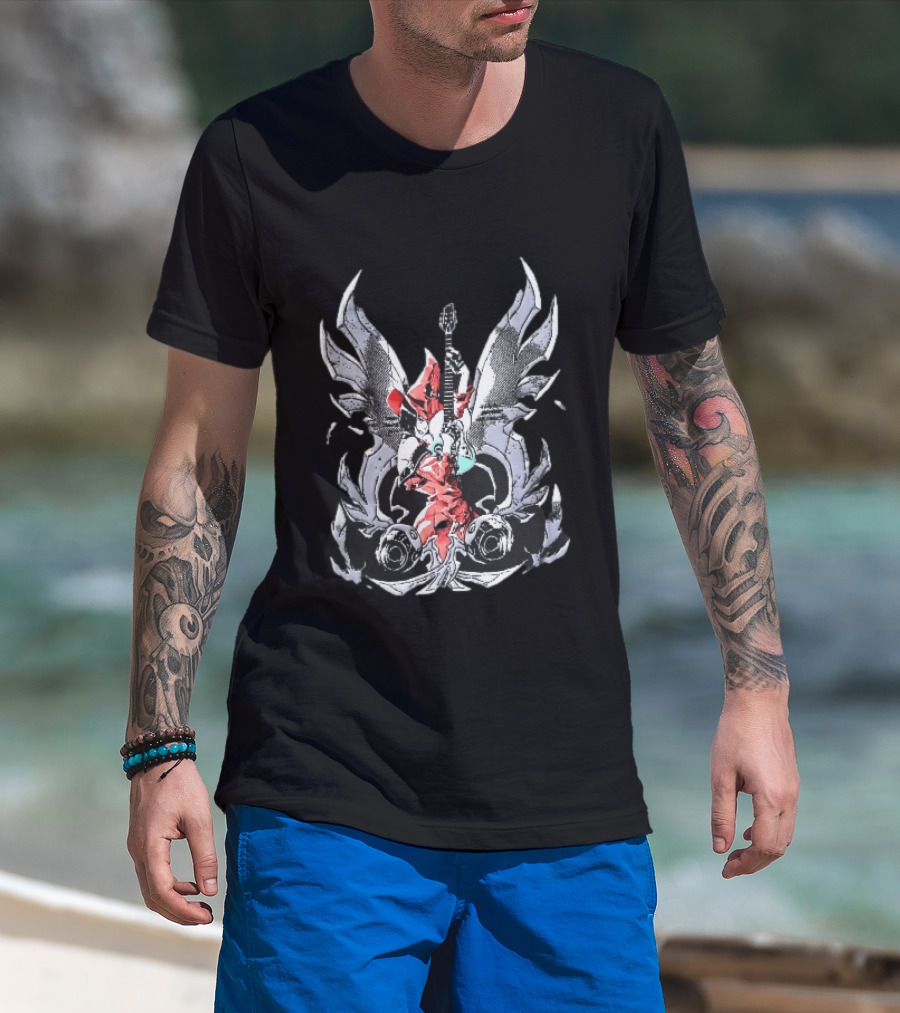 Anime Girl With Wings Holding Guitar Angelic Rock Star Fantasy T-Shirt