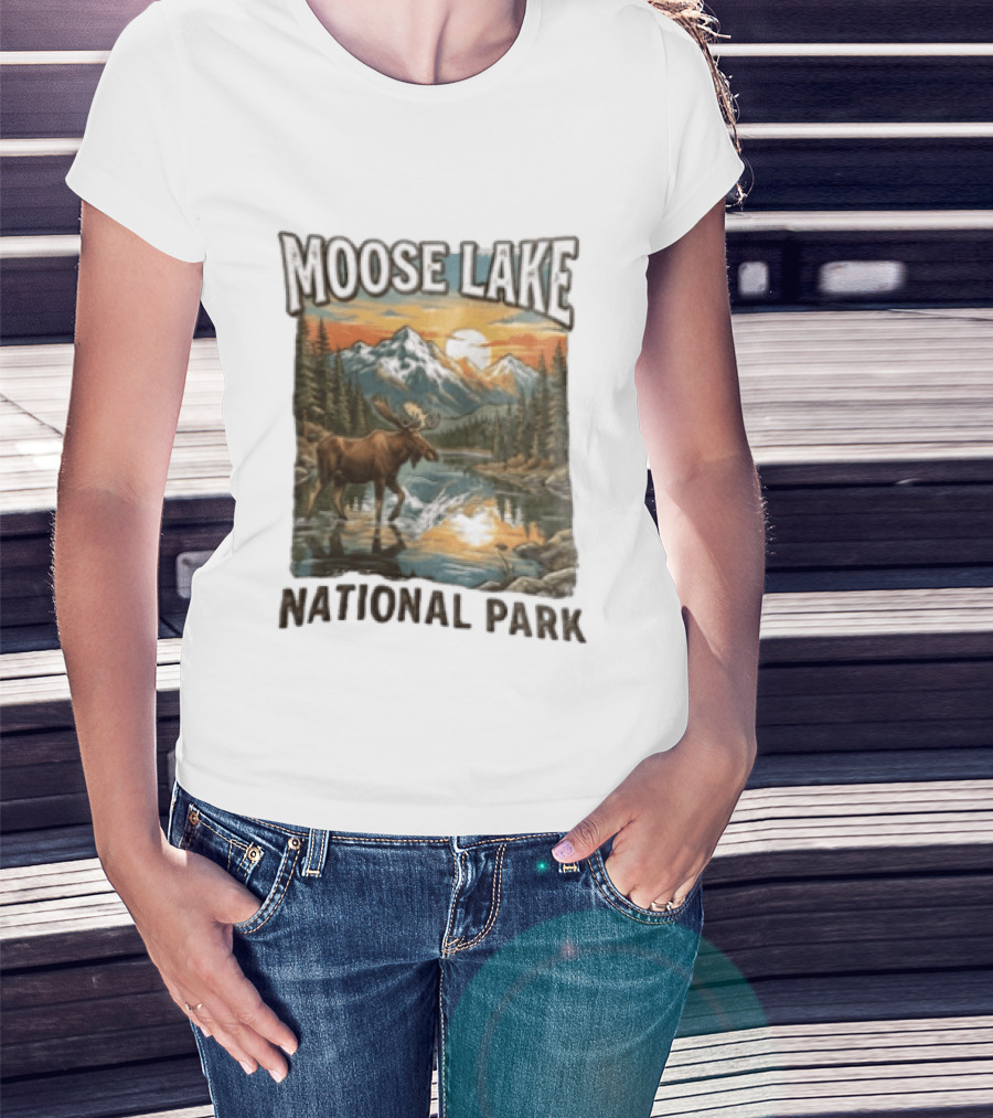 Moose Lake National Park Moose In Water Scenic Mountain Landscape T-Shirt