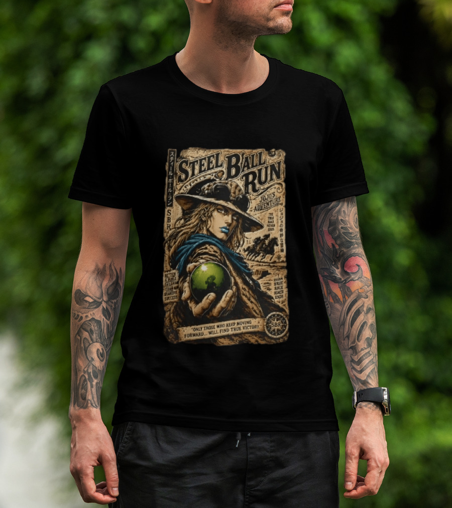Steel Ball Run Jojo's Adventure Gyro Zeppeli Holding Steel Ball Desert Motif SBR True Man's World Ends Victory T-Shirt