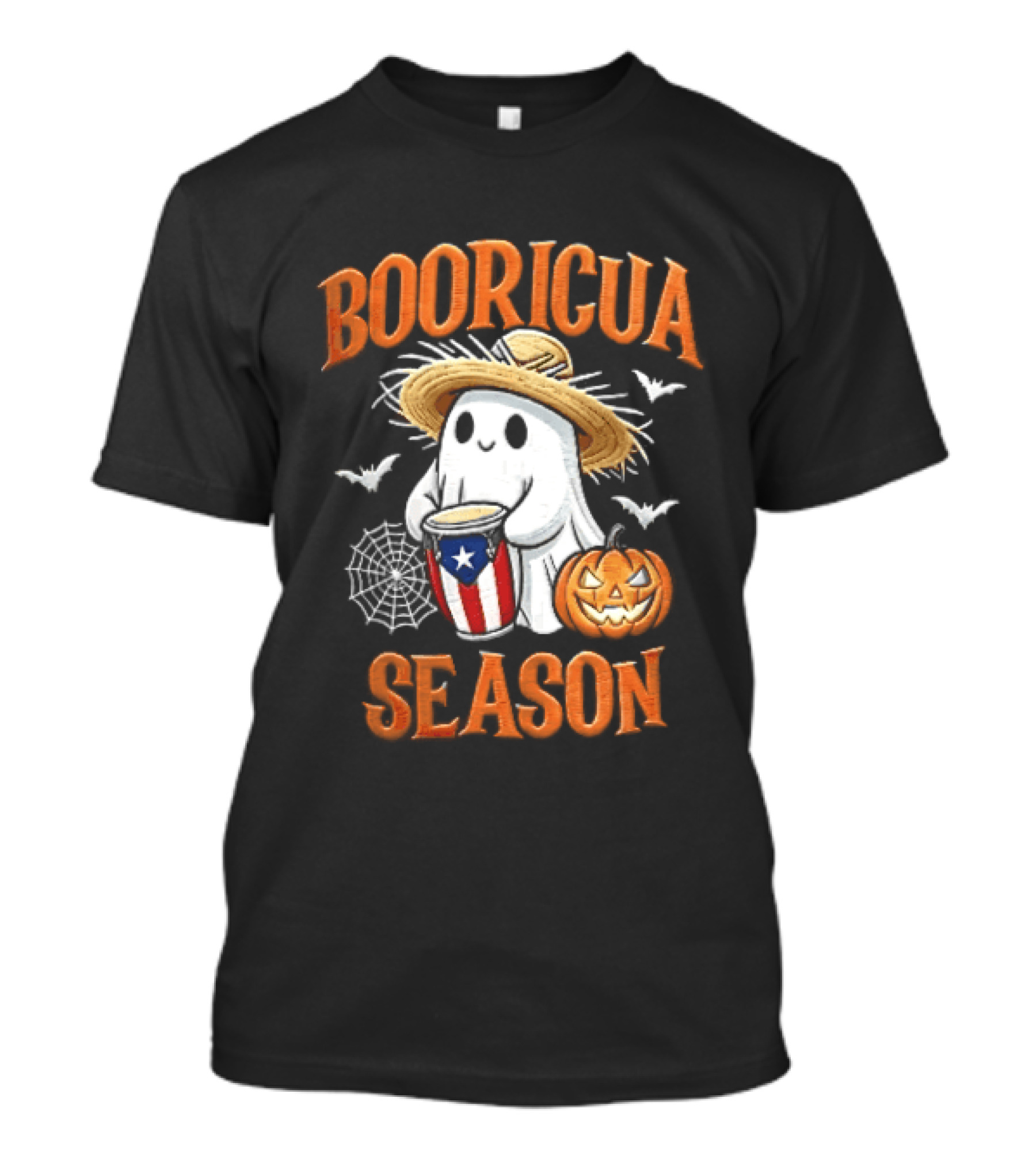 Booricua Season Ghost With Puerto Rico Flag Conga And Pumpkin T-Shirt