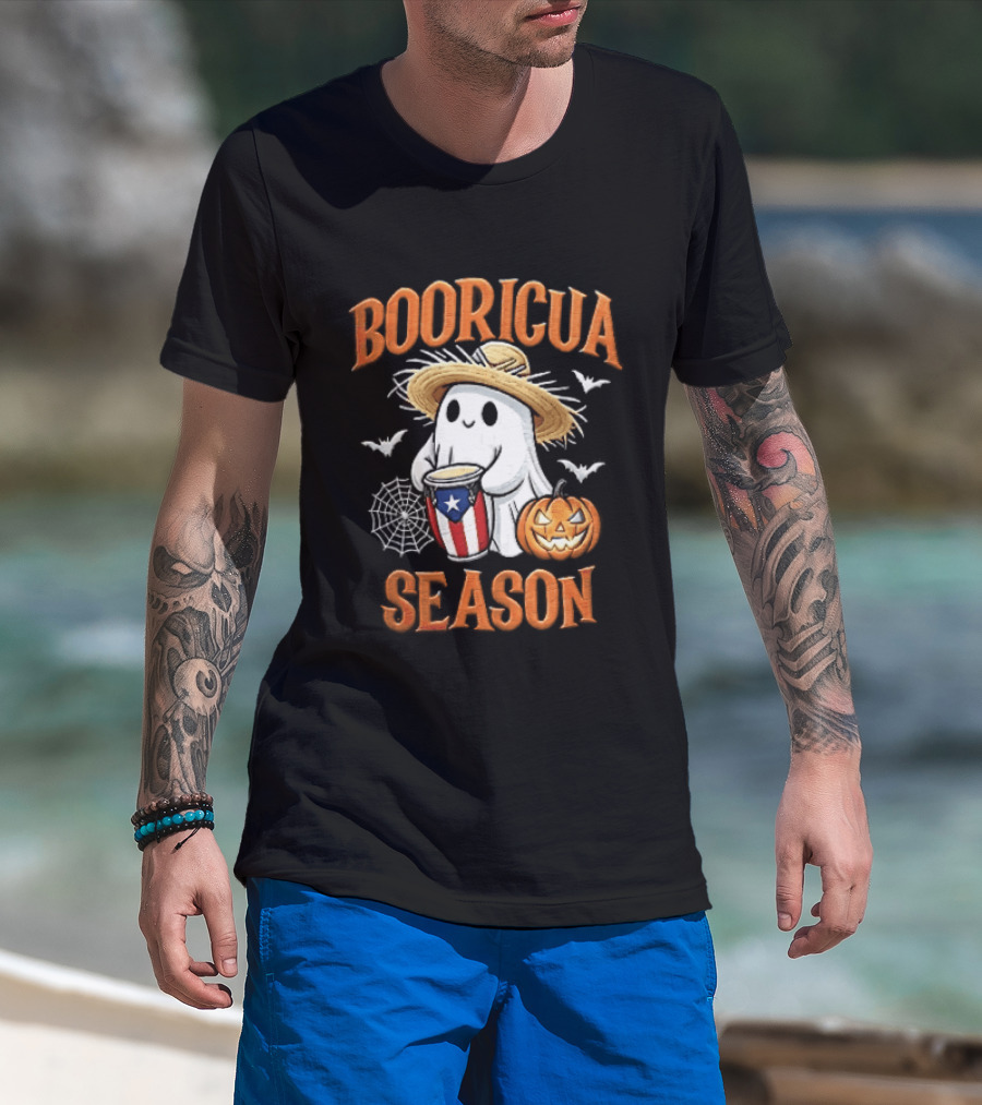 Booricua Season Ghost With Puerto Rico Flag Conga And Pumpkin T-Shirt