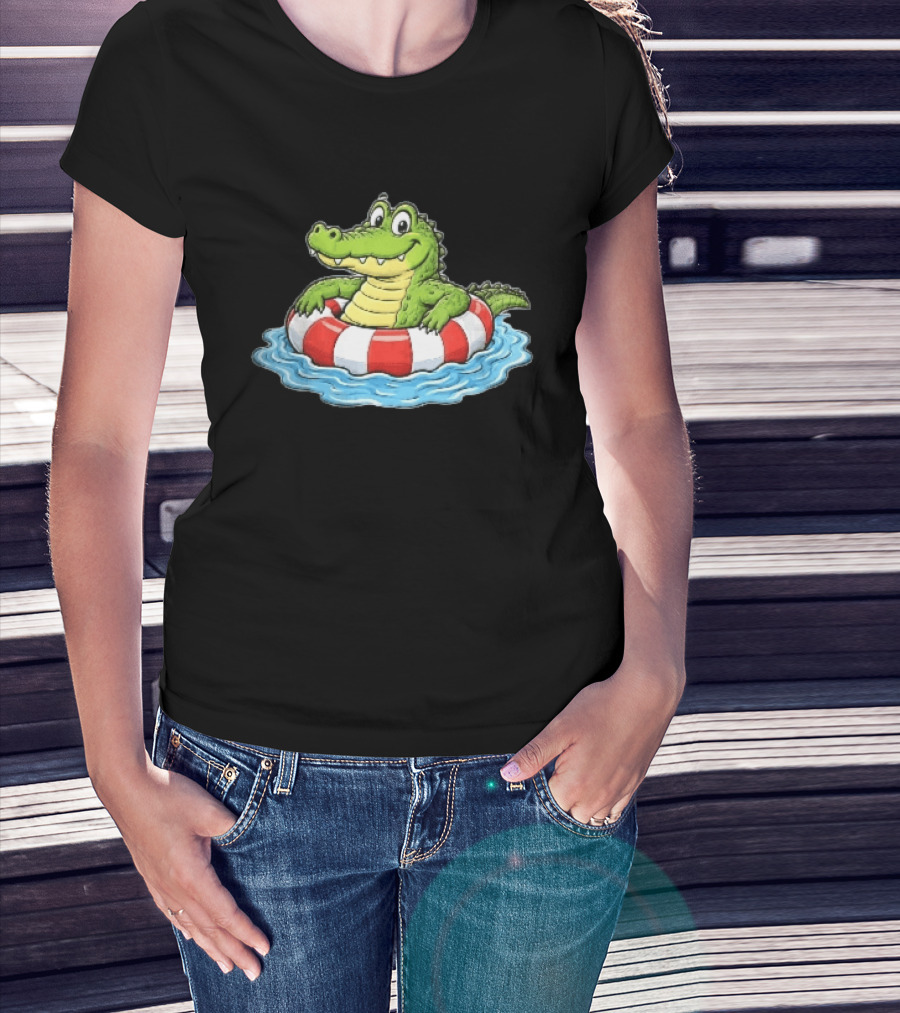 Cartoon Crocodile Relaxing In Red And White Life Buoy On Water T-Shirt
