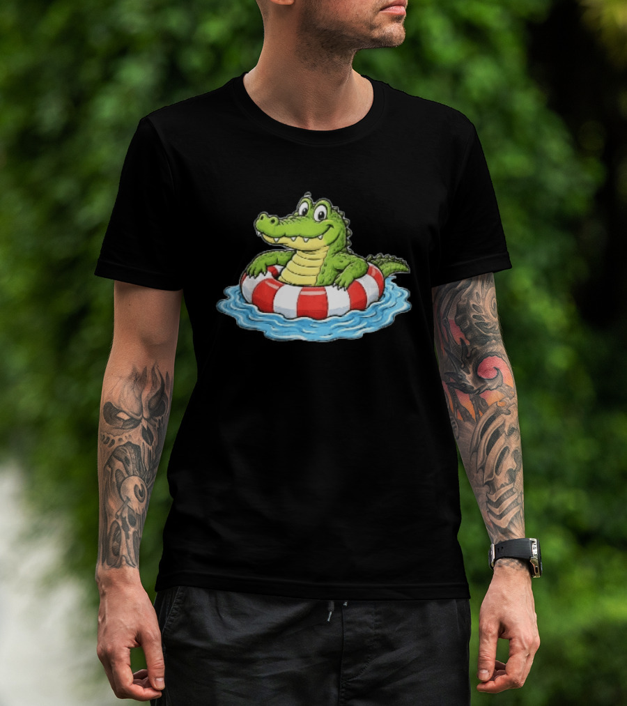 Cartoon Crocodile Relaxing In Red And White Life Buoy On Water T-Shirt