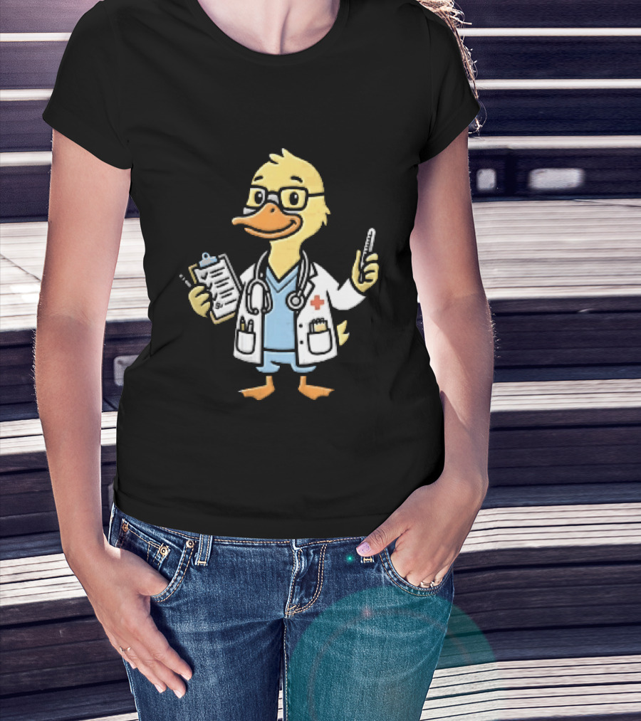 Cartoon Yellow Duck Doctor With Stethoscope Thermometer And Clipboard T-Shirt