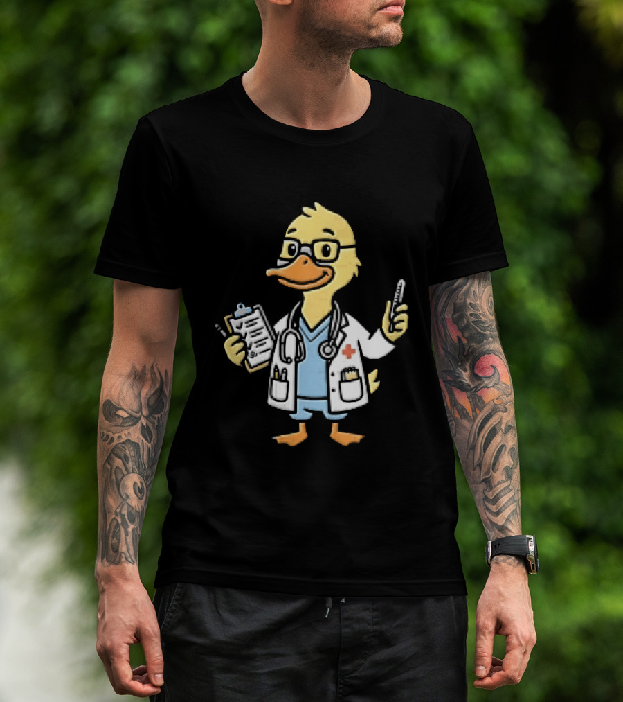 Cartoon Yellow Duck Doctor With Stethoscope Thermometer And Clipboard T-Shirt