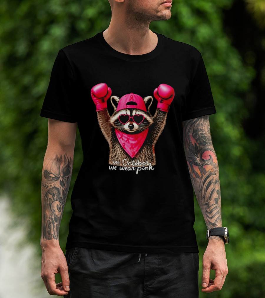 In October We Wear Pink Raccoon Breast Cancer Support Squad Boxing Gloves And Heart Glasses T-Shirt