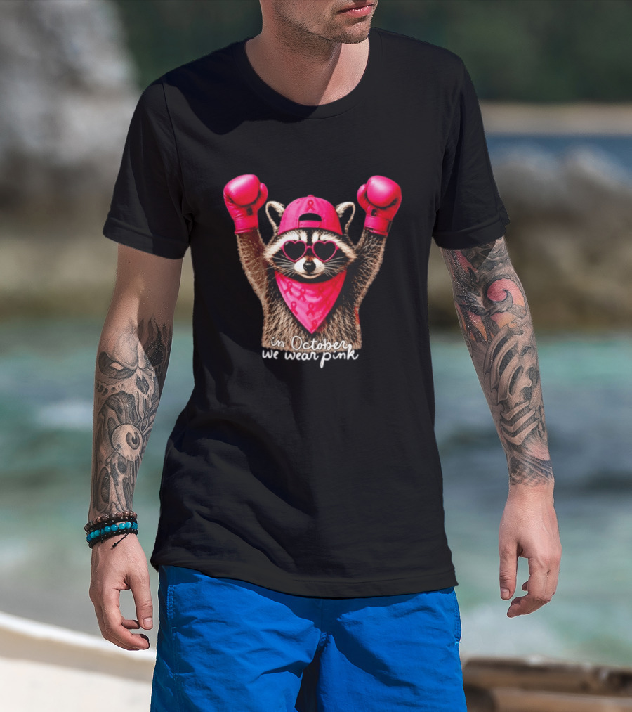 In October We Wear Pink Raccoon Breast Cancer Support Squad Boxing Gloves And Heart Glasses T-Shirt