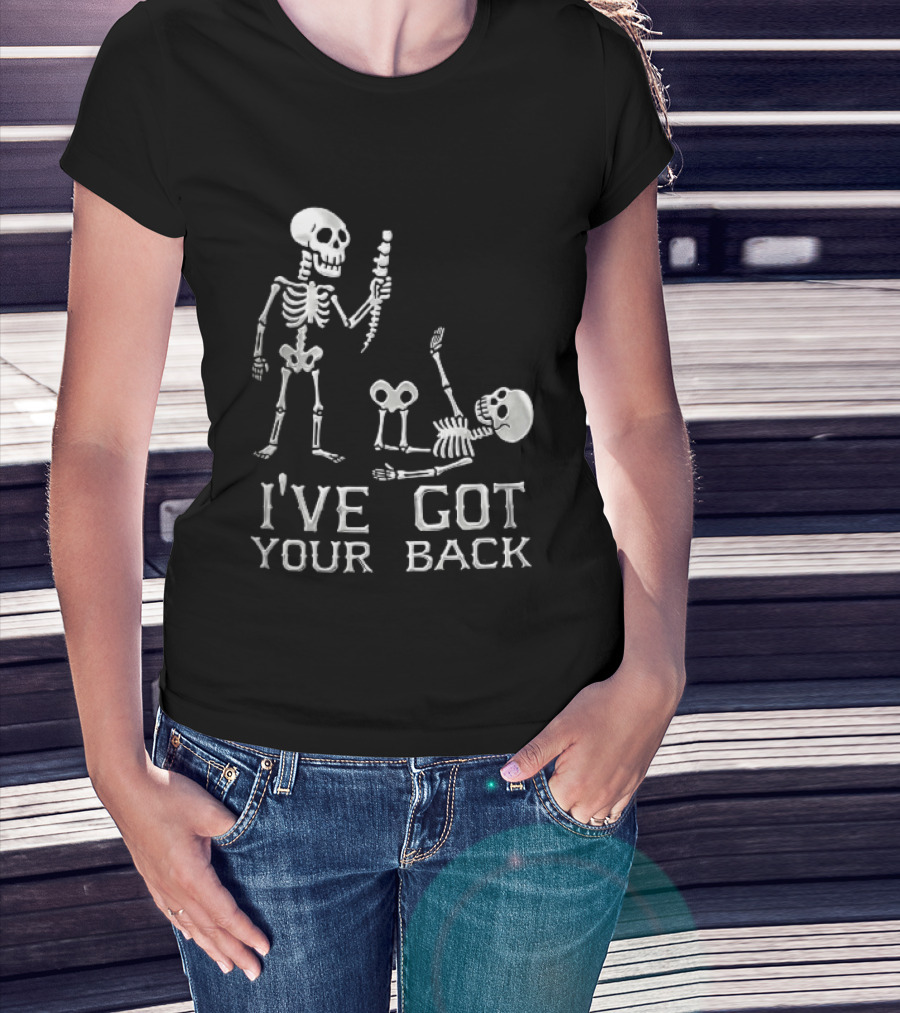 I've Got Your Back Skeleton Humor Holding Spine Over Fallen Body T-Shirt