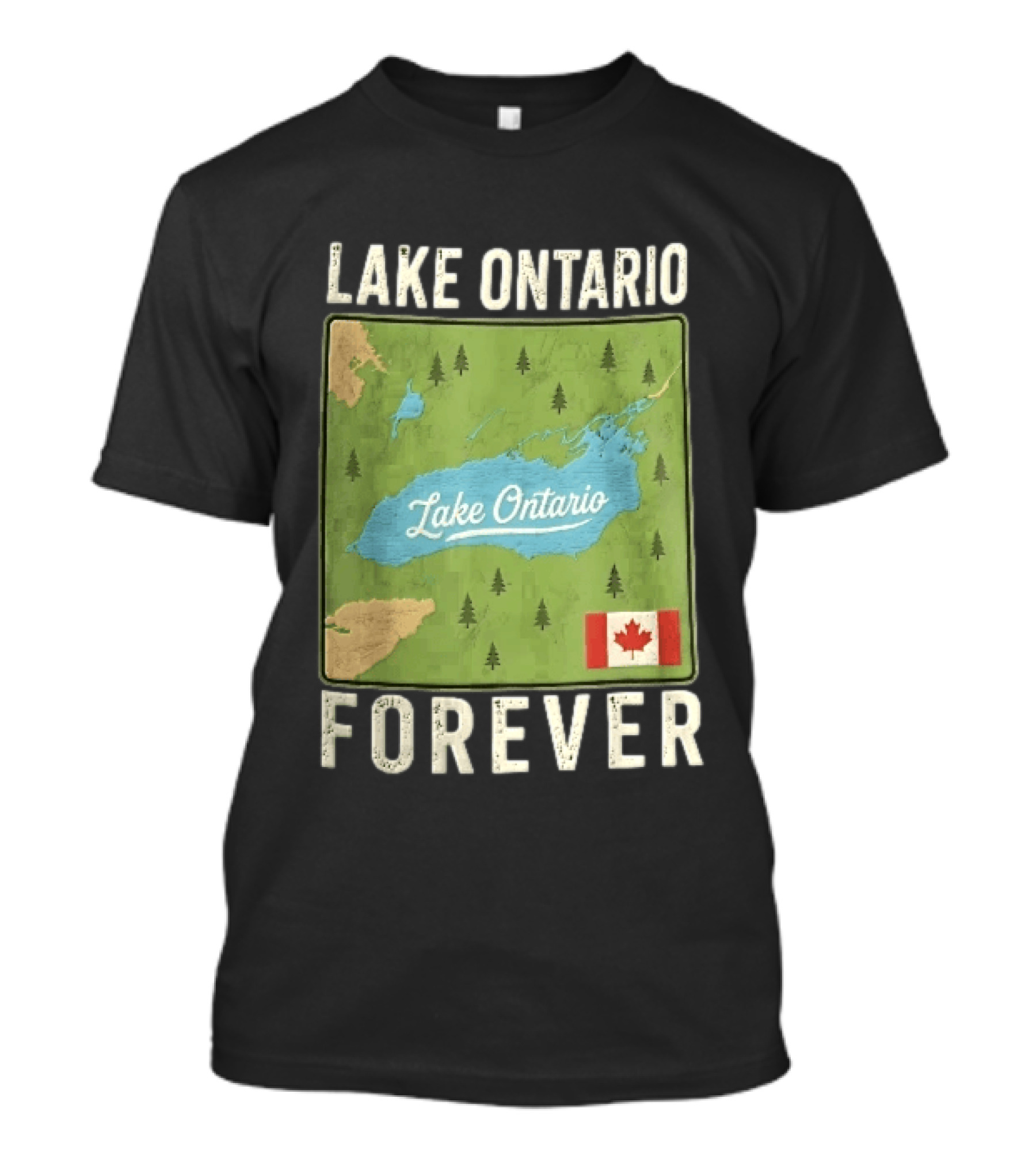 Lake Ontario Forever Distressed Map With Canadian Flag And Pine Trees T-Shirt