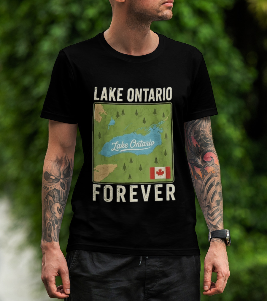 Lake Ontario Forever Distressed Map With Canadian Flag And Pine Trees T-Shirt