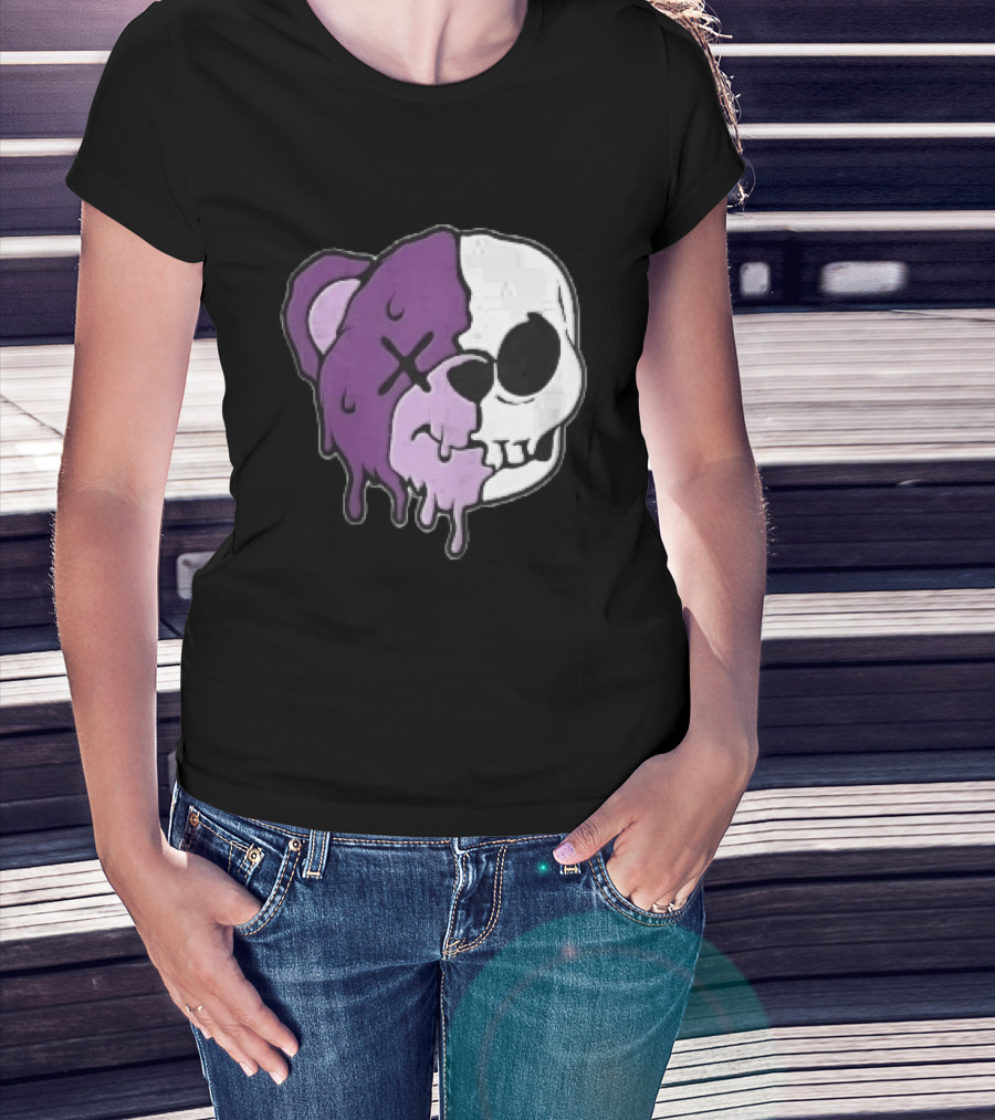 Dripping Purple Teddy Bear Skull Split Face Cartoon T-Shirt