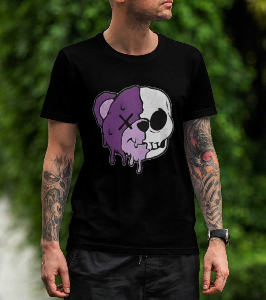 Dripping Purple Teddy Bear Skull Split Face Cartoon T-Shirt