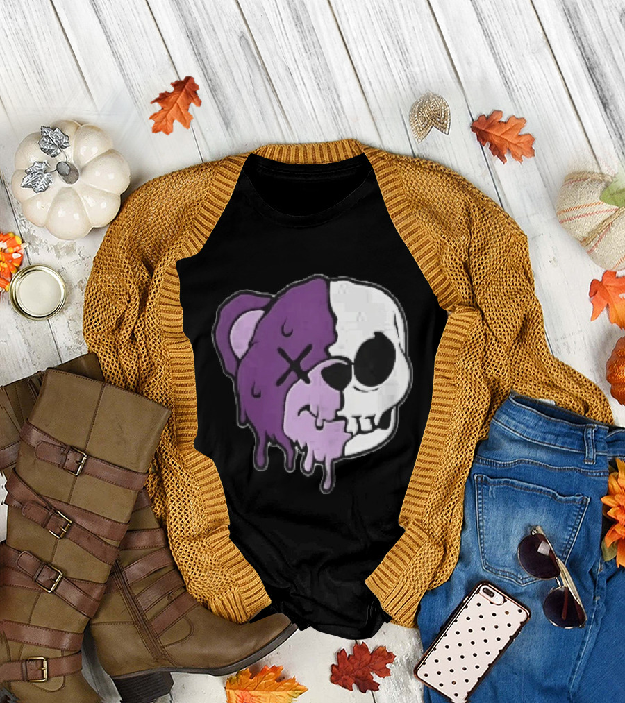 Dripping Purple Teddy Bear Skull Split Face Cartoon T-Shirt